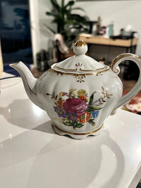 Floral Porcelain Teapot Music Box in White & Gold